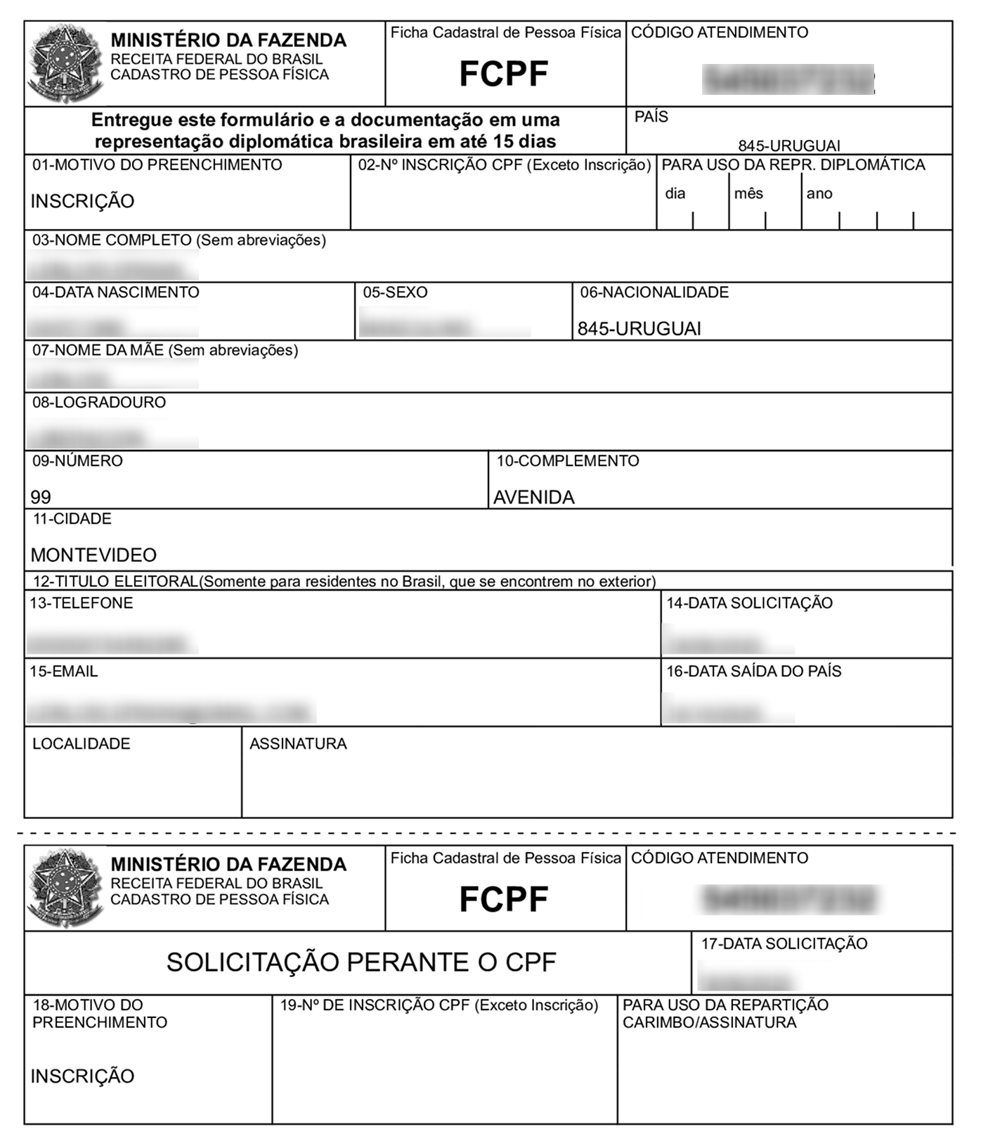 Ejemplo de FCPF (Ficha Cadastral de Pessoa Física)